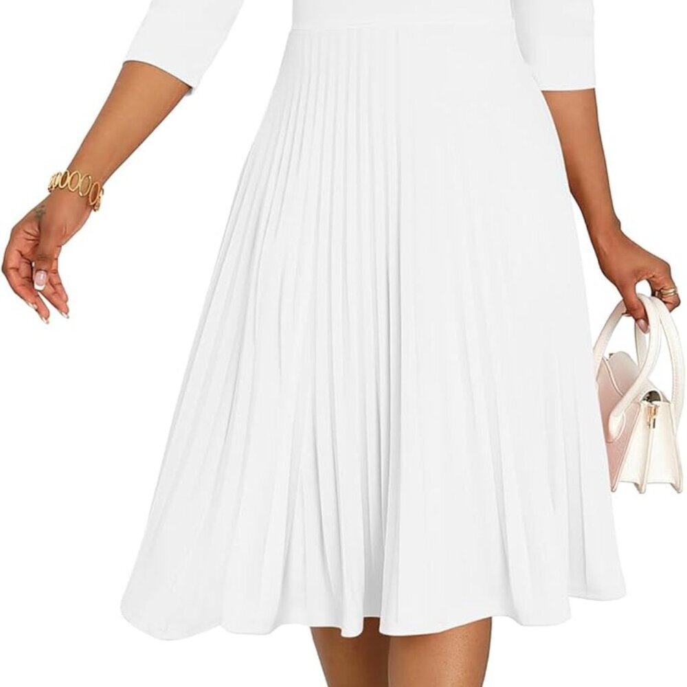 Midi Dresses for Women Casual Wrap Flared Pleated Dress A Line 3/4 Sleeve V Neck - Picture 3 of 6